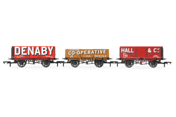 OO Gauge Hornby R60104 Triple Wagon Pack Denaby Colliery, Leicester Co-Op & Hall & Co