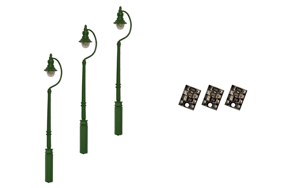 DCC Concepts LML-SSGN Legacy Lighting 4mm Scale Swan-Neck Street/Platform Lamps – Green (3 pack)