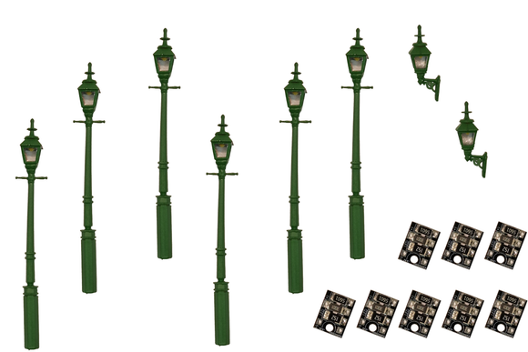 DCC Concepts LML-VPGGR Legacy Lighting 4mm Scale Gas Lamps Value Pack – Green (2x Wall Lamps, 6x Street/Platform Lamps)