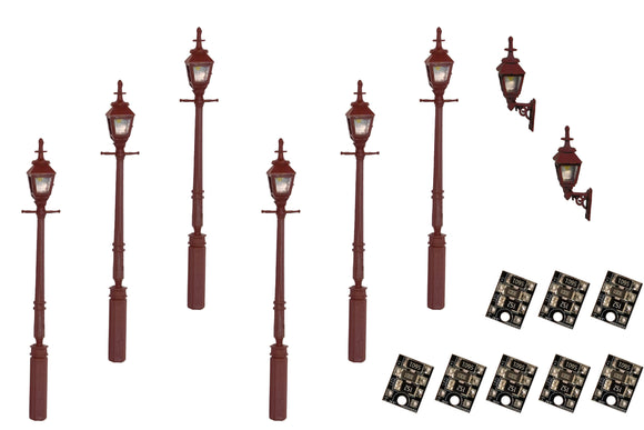 DCC Concepts LML-VPGMR Legacy Lighting 4mm Scale Gas Lamps Value Pack – Maroon (2x Wall Lamps, 6x Street/Platform Lamps)