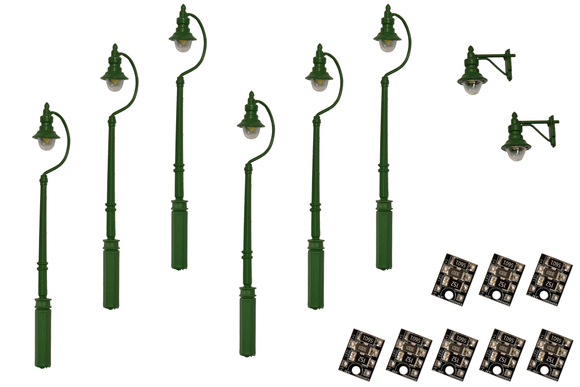 DCC Concepts LML-VPSGN Legacy Lighting 4mm Scale Swan-Neck Lamps Value Pack – Green (2x Wall Lamps, 6x Street/Platform Lamps)